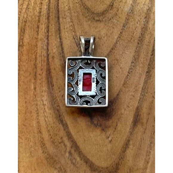 Vintage Sterling Silver 925 Ornate Rectangle Red Stone Enamel Pendant 1" X .75" - Picture 3 of 6